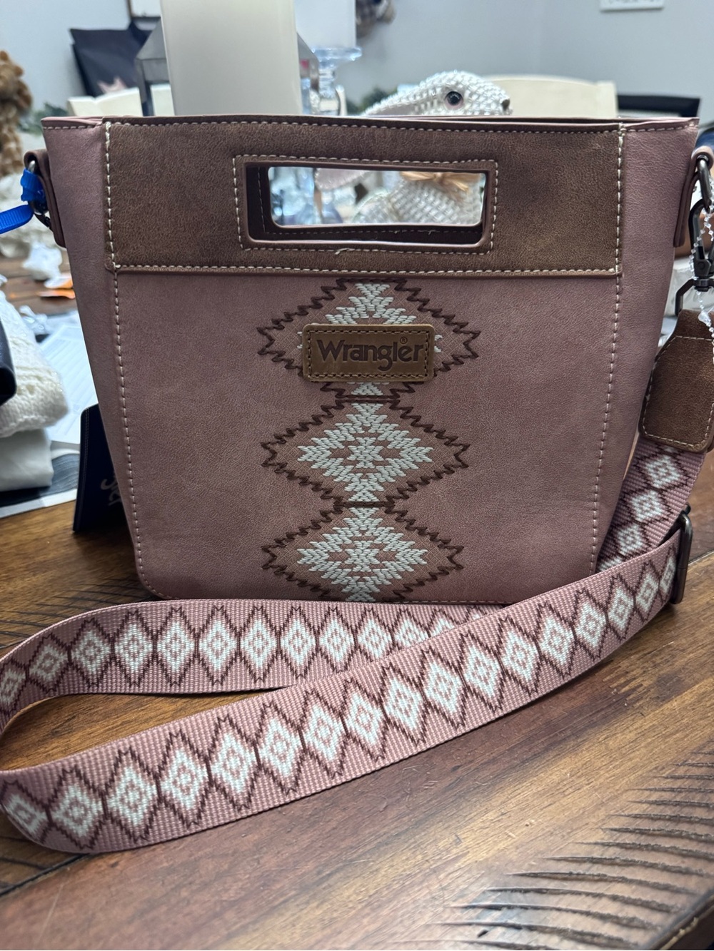 Wrangler Dusty Pink & Tan Embroidered Crossbody Bag w/ Aztec Patterned Strap NWT